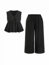 Linen-blend V-neck Ruched Peplum Top & Mid Rise Wide Leg Trousers Set Curve & Plus