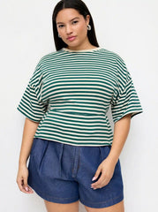 Cotton-blend Striped Short Sleeve Cinched Waist Tee Curve & Plus