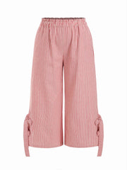 Cotton-blend High Rise Striped Wide Leg Trousers With Bowknot Cuffs Curve & Plus