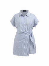 Cotton-blend Polo Collar Striped Draped Mini Dress Curve & Plus