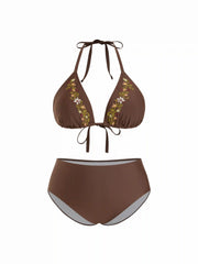 Halter Neckline Floral Embroidery Triangle Top & Mid Rise Full Coverage Bikini Set Curve & Plus