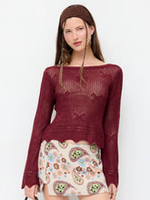 Knit Crochet Boat Neck Bell Sleeve Knotted Cut Out Backless Top