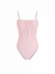 Square Neck Lace Trim Bowknot One Piece Swimsuit