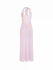 Knit Halter Neckline Flower Detail Backless Hollow Out Cover Up Dress
