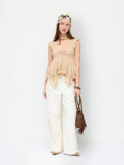 Denim Low Rise Jacquard Floral Wide Leg Jeans