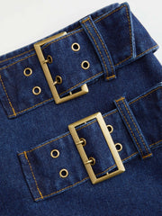 Denim Low Rise Washed Buckle Metal Detail Pencil Mini Skirt