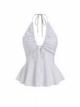 Cotton-blend Striped Halter Neckline Drawstring Peplum Hem Top