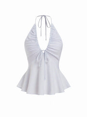 Cotton-blend Striped Halter Neckline Drawstring Peplum Hem Top