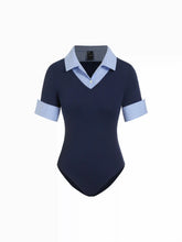 Cotton Collar V-Neck Short Sleeve Two Tone Bodysuit