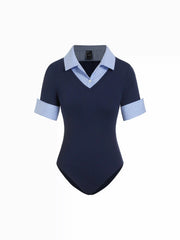 Cotton Collar V-Neck Short Sleeve Two Tone Bodysuit
