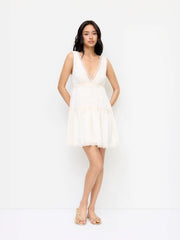 V-neck Lace Panel High Rise Flared Mini Dress