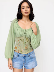 Chiffon Floral Jacquard Scoop Neckline Lantern Sleeve Drawstring Blouse