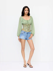 Chiffon Floral Jacquard Scoop Neckline Lantern Sleeve Drawstring Blouse