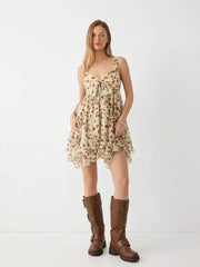 Chiffon Sweetheart Bowknot Ruffled Babydoll Mini Dress