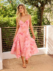 Chiffon Floral Sweetheart Asymmetrical Hem A-line Maxi Dress