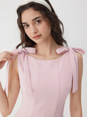 Bowknot Boat Neck Sleeveless Pleated Flared Mini Dress