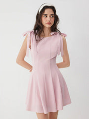 Bowknot Boat Neck Sleeveless Pleated Flared Mini Dress