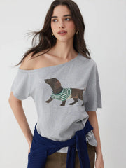 Cotton-blend Dachshund Graphic Asymmetrical Neck Oversized Tee