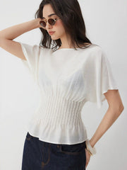 Linen-blend Boat Neck Ruched Batwing Sleeve Blouse