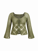 Knit V-neck Bell Sleeve Hollow Out Knotted See-through Top Curve & Plus