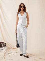 Linen-blend V-neck Striped Sleeveless Top & Mid Rise Tapered Trousers Set