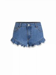 Stretch Denim High Rise Ruffled Lace Trim Metal Detail Shorts