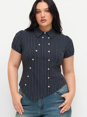 Cotton-blend Striped Collar Asymmetrical Hem Star Button Blouse Curve & Plus