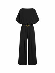 Boat Neck Batwing Sleeve High Rise Wide Leg Jumpsuit With Belt