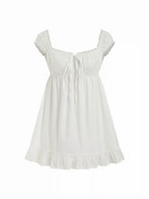 Cotton-blend Square Neck Puff Sleeve Drawstring Ruffle Hem Oversized Babydoll Mini Dress