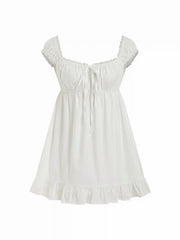 Cotton-blend Square Neck Puff Sleeve Drawstring Ruffle Hem Oversized Babydoll Mini Dress