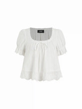 Cotton Lace Trim Knotted Short Puff Sleeve Blouse