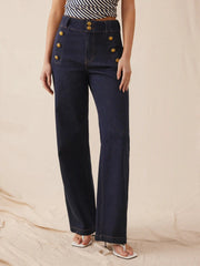 Stretch Denim High Rise Straight Leg Trousers With Metal Detail