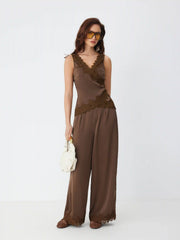 Satin V-Neck Lace Trim Wrap Top & Mid Rise Wide Leg Trousers Set