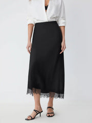 Satin High Rise Lace Panel Maxi Skirt