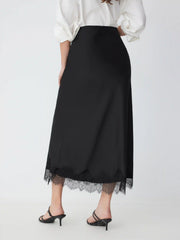 Satin High Rise Lace Panel Maxi Skirt