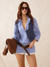 Washed Denim V-Neck Oversized Metal Button Crop Vest