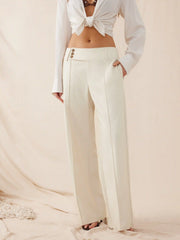 Linen-blend Low Rise Pleated Wide Leg Trousers