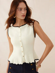 Knit Boat Neck Colorblock Ruffled Hem Metal Button Vest