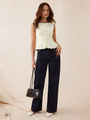 Knit Boat Neck Colorblock Ruffled Hem Metal Button Vest