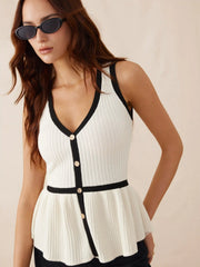 Knit V-Neck Ruffle Hem Metal Detail Top