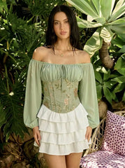 Chiffon Floral Jacquard Scoop Neckline Lantern Sleeve Drawstring Blouse