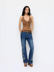 Stretch Denim Floral Embroidery High Rise Flared Trousers