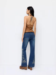 Stretch Denim Floral Embroidery High Rise Flared Trousers