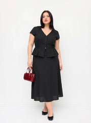 Cotton V-Neck Button Front Peplum Top & Mid Rise A-line Maxi Skirt Set Curve & Plus