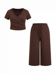 Cotton-blend Hooded Wrap Top & Mid Rise Elastic Waist Trousers Set Curve & Plus