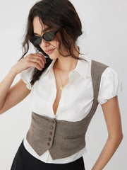 Jacquard Houndstooth Square Neck Crop Blazer Vest