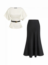 Satin Batwing Sleeve Top & Mid Rise Mermaid Skirt Set with Belt