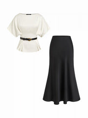 Satin Batwing Sleeve Top & Mid Rise Mermaid Skirt Set with Belt