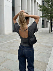 Viscose Scoop Neck Backless Short Sleeve Top