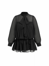 Chiffon Leopard Stand Collar Ruffled A-line Mini Dress Curve & Plus